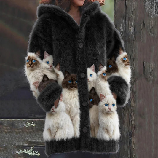 Women’s Fluffy Cat Print Hooded V-Neck Knit Jumper