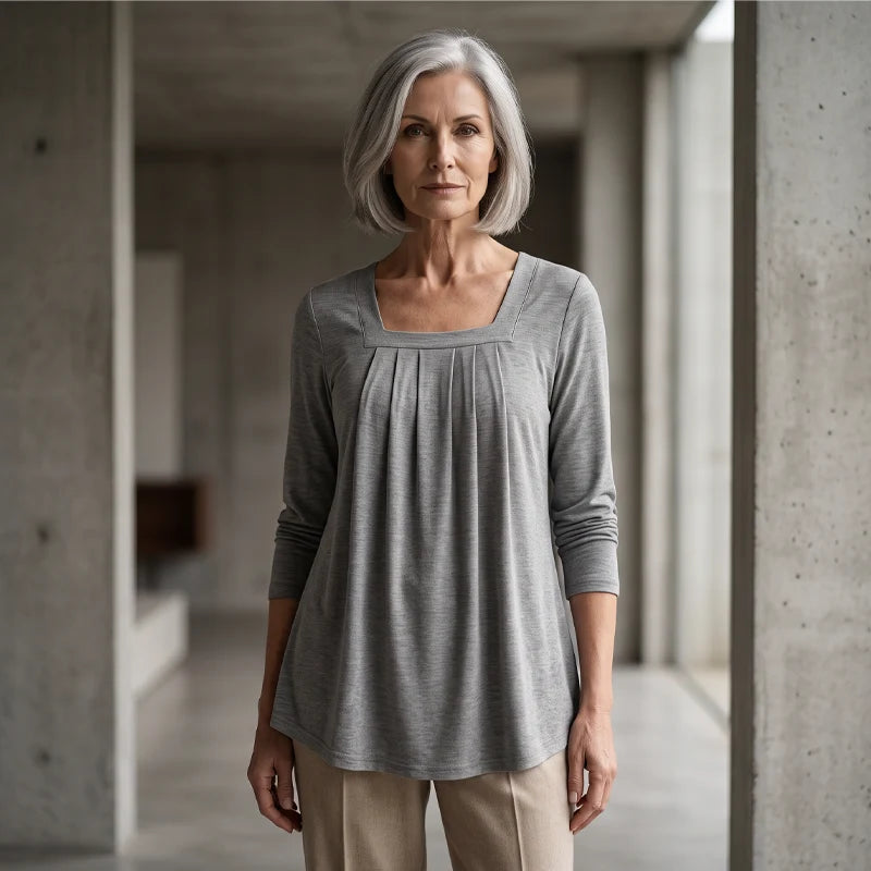 Women’s Square Neck Pleated Long Sleeve Top