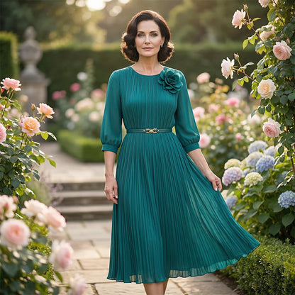 Women’s 3/4 Sleeve Pleated Midi Dress with Waist Tie