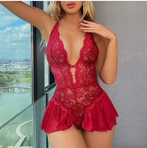 Women’s Floral Lace Halterneck Teddy Bodysuit