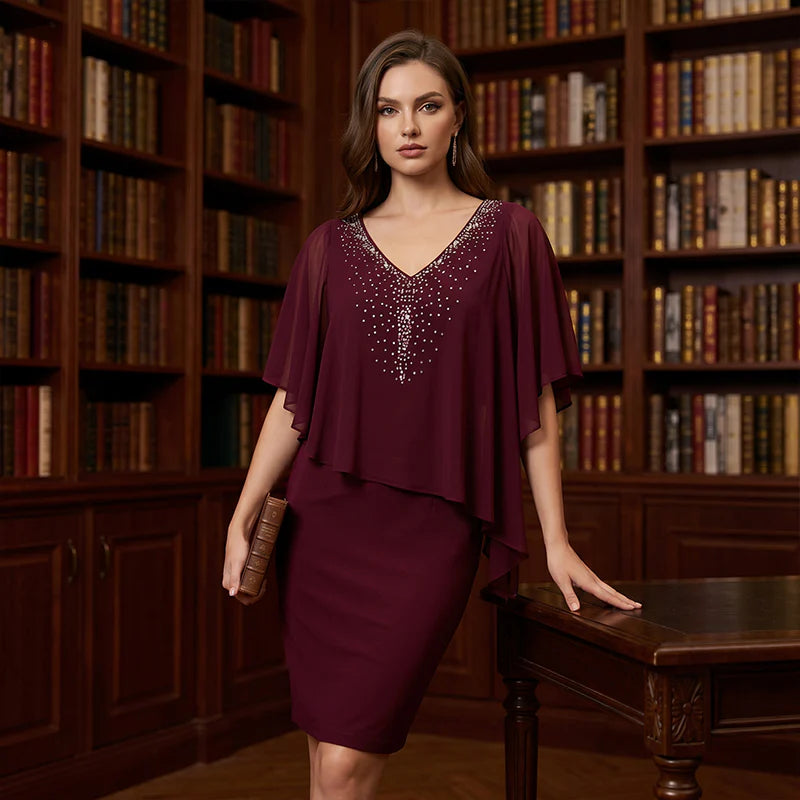 Women's Rhinestone Cape Overlay Midi Dress