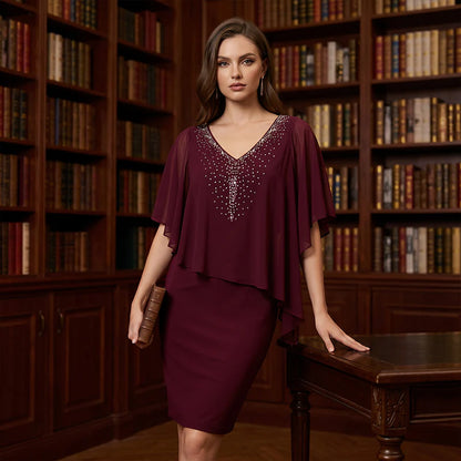 Women's Rhinestone Cape Overlay Midi Dress