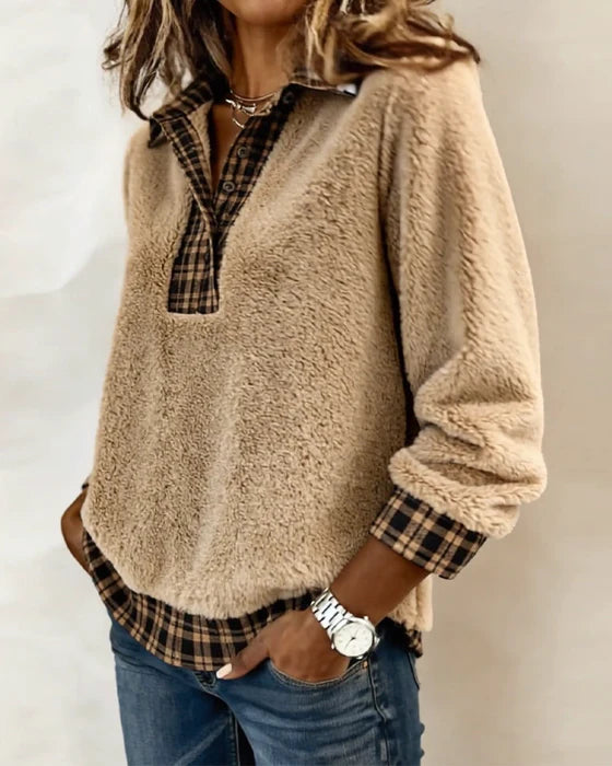 Plaid Patchwork Cotton Blend Sweatshirt