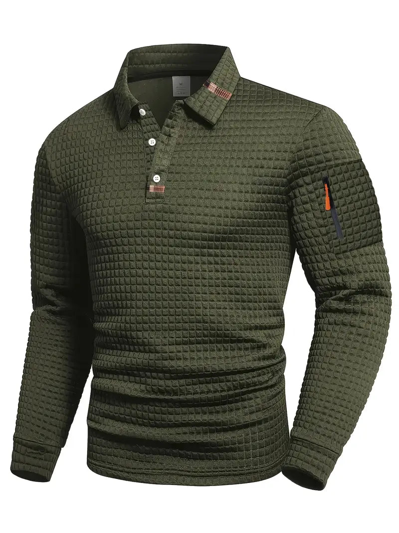 Men’s Textured Long Sleeve Polo Shirt with Zip Pocket