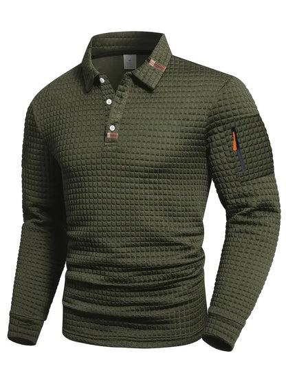 Men’s Textured Long Sleeve Polo Shirt with Zip Pocket
