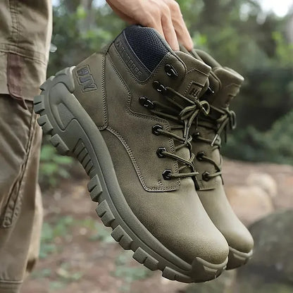 (🤜Work Hard For 5+ Years) Men Leather-Look Motorcycle Boots Waterproof Non-Slip Anti-Puncture Anti-Sprain Hiking Work Boots