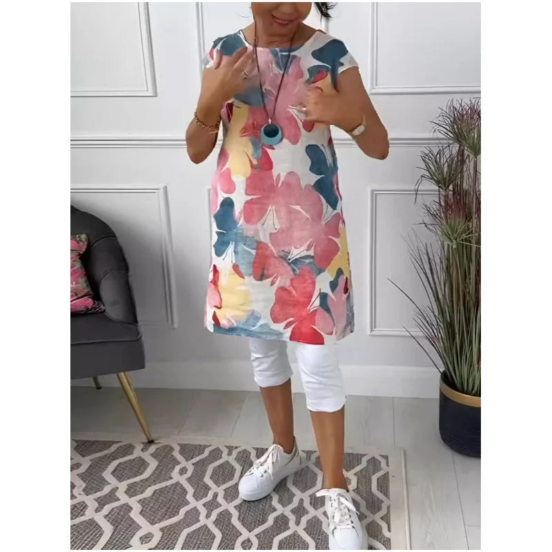 Women’s Butterfly Print Loose Knee Length Dress with Round Neck
