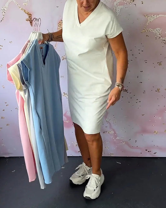 Women’s Casual V-Neck Short Sleeve Midi Dress