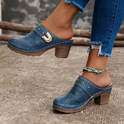Women’s Vintage Perforated Leather-Look Mules – Summer Slip-On Heeled Clogs