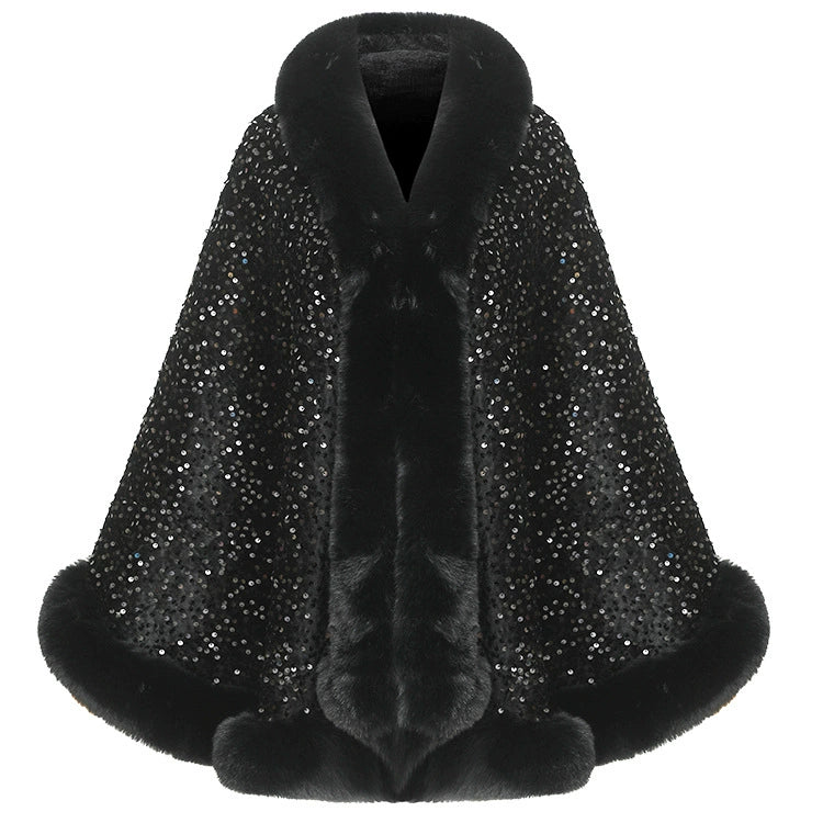 Women’s Sequined Faux Fur Trim Evening Shawl Wrap