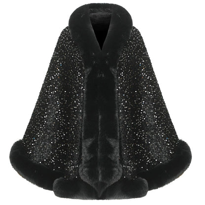 Women’s Sequined Faux Fur Trim Evening Shawl Wrap