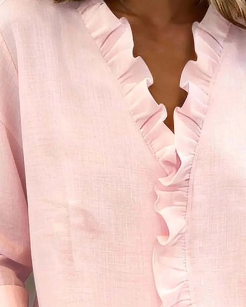 Women’s V-Neck Ruffle Cotton Blend Blouse with Long Sleeves