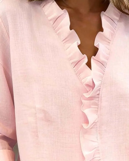Women’s V-Neck Ruffle Cotton Blend Blouse with Long Sleeves