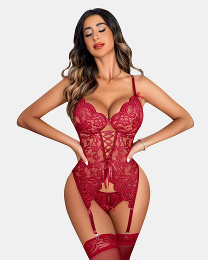 Women’s Floral Lace Lingerie Set with Garter Straps