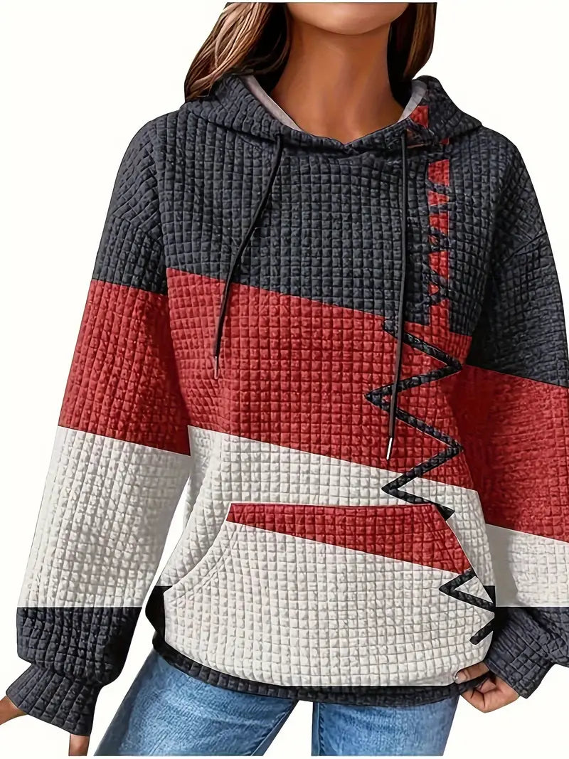 Women's Color Block Waffle Hoodie – Casual Long Sleeve with Kangaroo Pocket