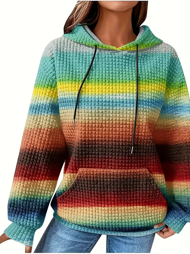 Women's Color Block Waffle Hoodie – Casual Long Sleeve with Kangaroo Pocket
