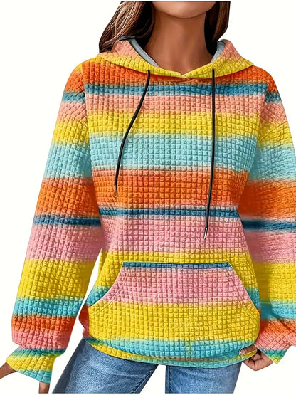 Women's Color Block Waffle Hoodie – Casual Long Sleeve with Kangaroo Pocket