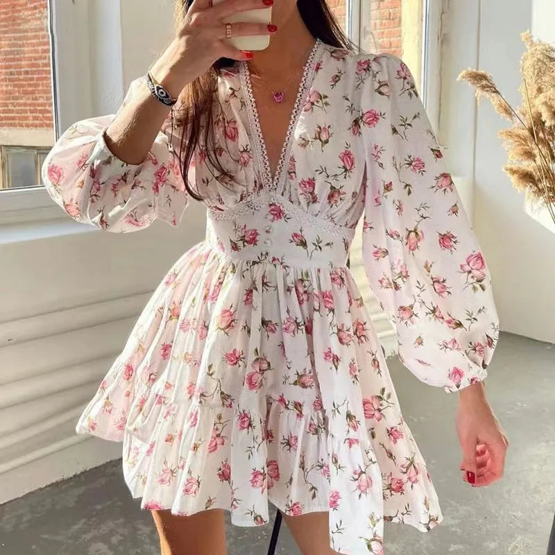 Women’s Floral Lace-Trim V-Neck Mini Dress