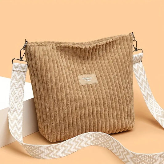 Chic Corduroy Crossbody Bag – Striped, Adjustable Strap, Zip Closure