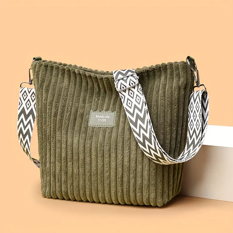 Chic Corduroy Crossbody Bag – Striped, Adjustable Strap, Zip Closure