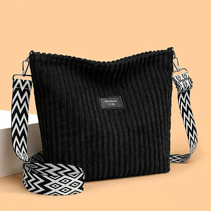 Chic Corduroy Crossbody Bag – Striped, Adjustable Strap, Zip Closure
