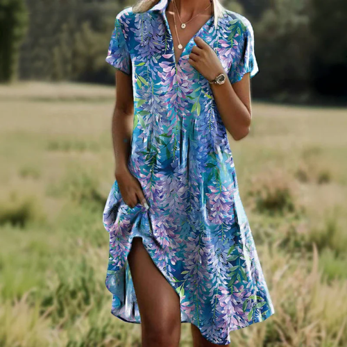 Women’s Elegant Floral V-Neck Pleated Midi Dress
