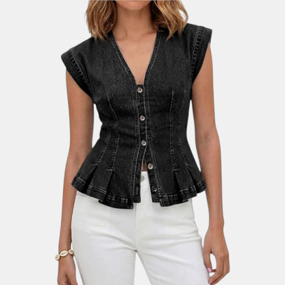 Women’s Pleated Button-Front Denim Vest