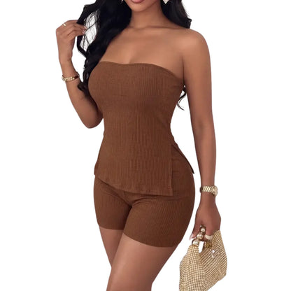 Women's Strapless Ribbed Top and Shorts Set