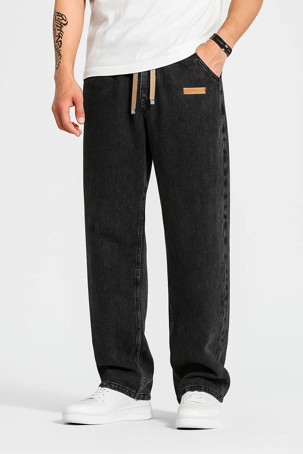 Men’s Regular Fit Patched Drawstring Denim Jogger Jeans