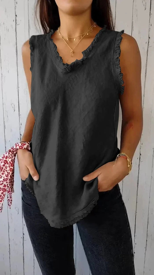 Women’s Cotton Linen V-Neck Raw Edge Sleeveless Top