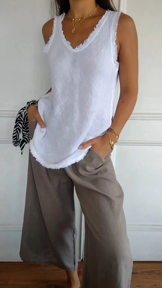 Women’s Cotton Linen V-Neck Raw Edge Sleeveless Top