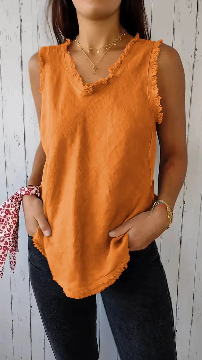 Women’s Cotton Linen V-Neck Raw Edge Sleeveless Top
