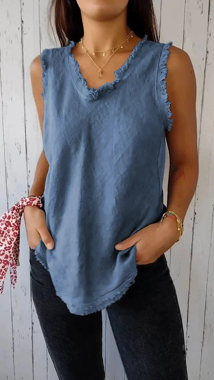Women’s Cotton Linen V-Neck Raw Edge Sleeveless Top