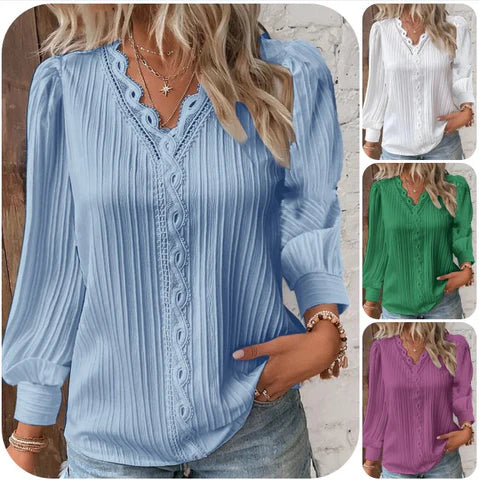 Women’s Pleated V Neck Lace Trim Blouse