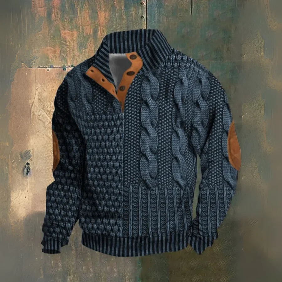 Men’s Button Collar Patchwork Cable Knit Jumper