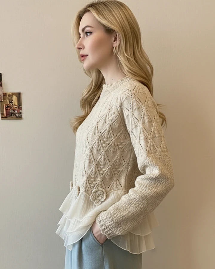 Women’s Ruffle Trim Knit Sweater with Chiffon Layers