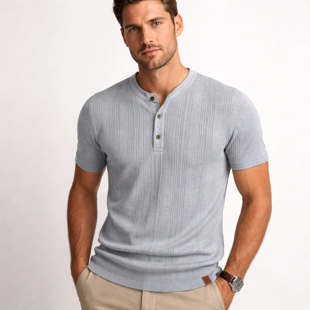 Men’s Vertical Ribbed Henley Knit T-Shirt