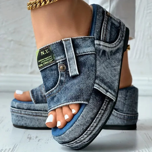 Women's Denim Platform Slides, Outdoor Wedge