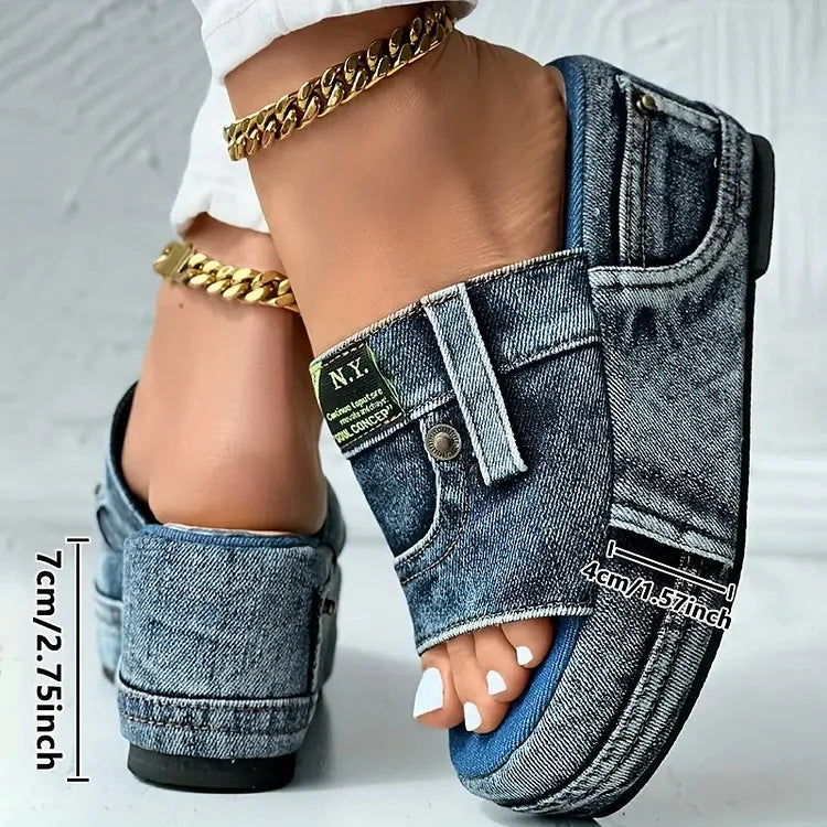 Women's Denim Platform Slides, Outdoor Wedge