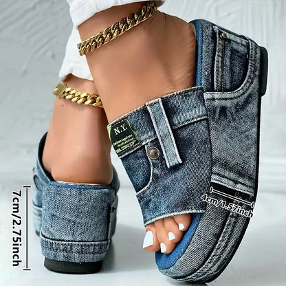 Women's Denim Platform Slides, Outdoor Wedge