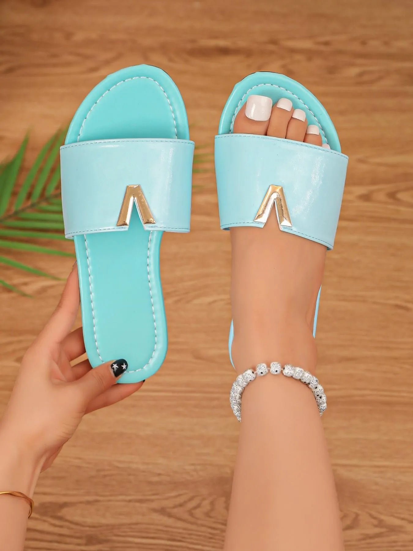 Women's Metallic-Accent Flat Slide Sandals