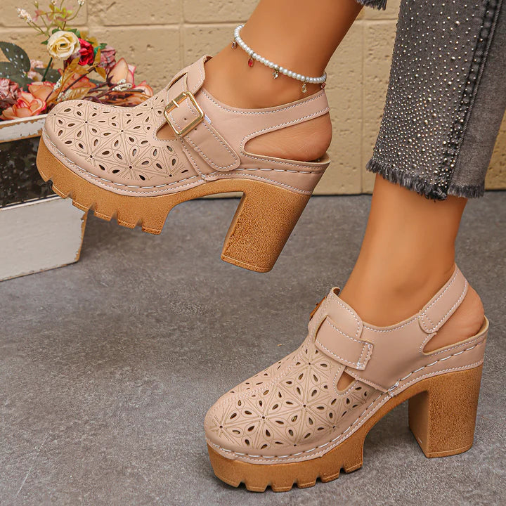 Women’s Perforated Buckle Platform Block Heel Sandals