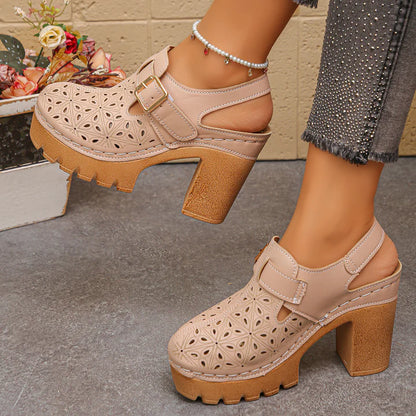 Women’s Perforated Buckle Platform Block Heel Sandals