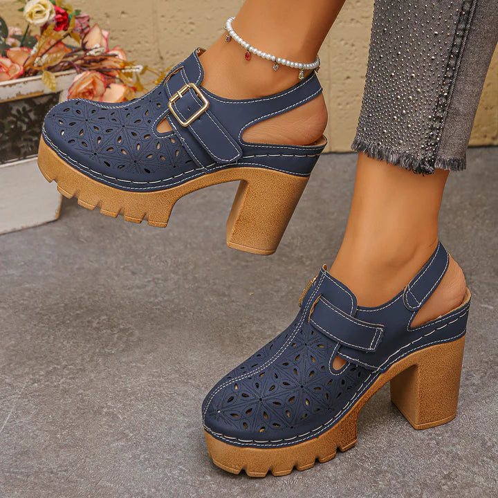 Women’s Perforated Buckle Platform Block Heel Sandals