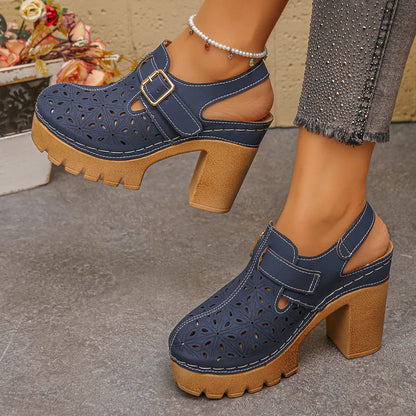 Women’s Perforated Buckle Platform Block Heel Sandals