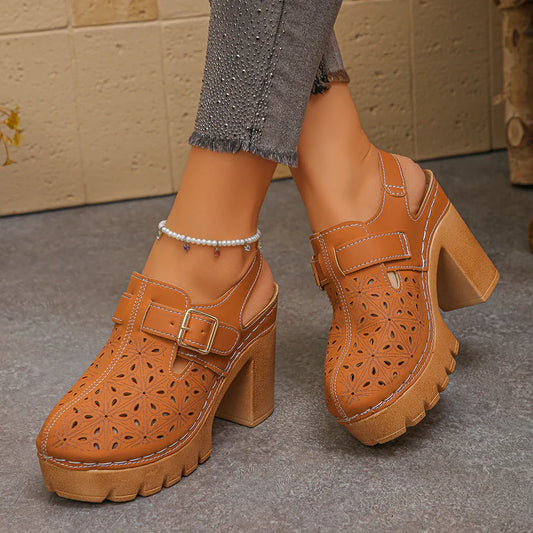 Women’s Perforated Buckle Platform Block Heel Sandals