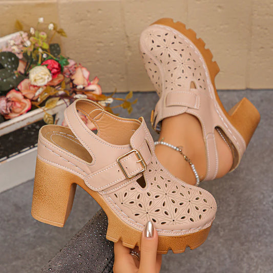 Women’s Perforated Buckle Platform Block Heel Sandals
