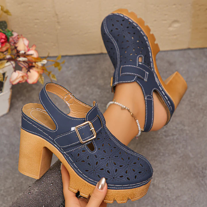 Women’s Perforated Buckle Platform Block Heel Sandals