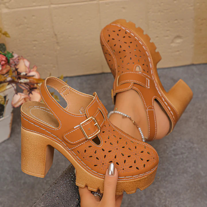 Women’s Perforated Buckle Platform Block Heel Sandals