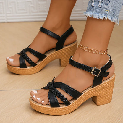 Women's Braided Strap Block-Heel Sandals